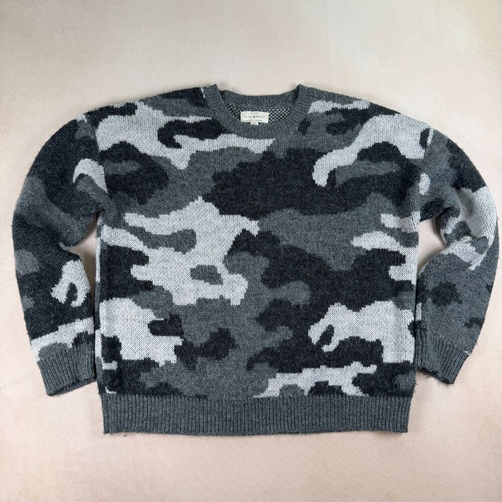 Lucky Brand Camo Sweater Womens Small Wool Blend Crewneck Cozy Streetwear Y2K
